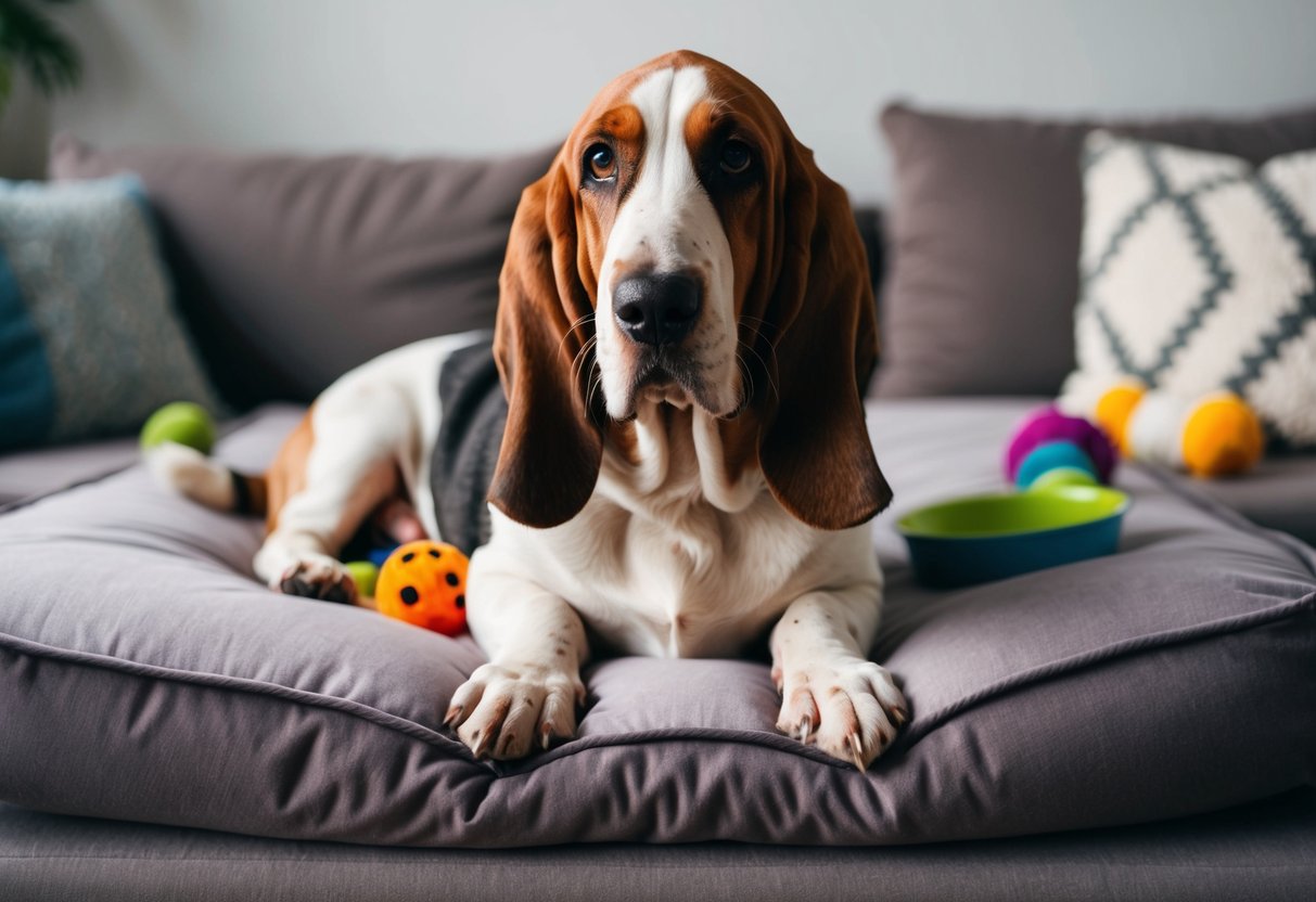 A 7-year-old basset hound lounges on a plush bed, with droopy ears and soulful eyes, surrounded by toys and a bowl of water
