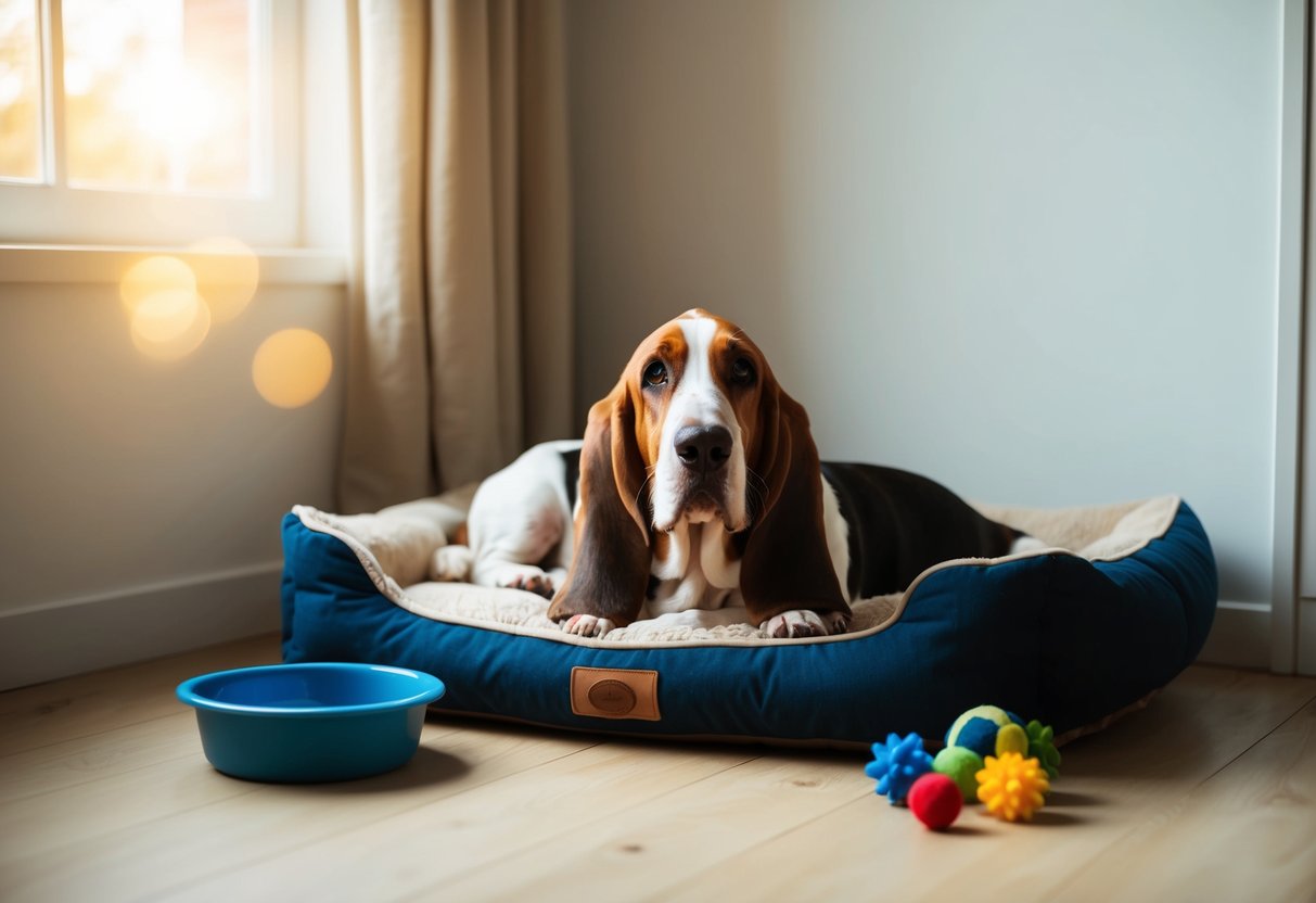 A basset hound lies peacefully in a cozy dog bed, surrounded by toys and a water bowl. The sun shines through a nearby window, casting a warm glow on the contented canine