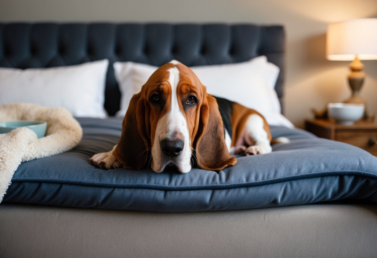 A serene basset hound, with a graying muzzle, relaxes on a plush bed surrounded by comforting items like a cozy blanket and a bowl of water
