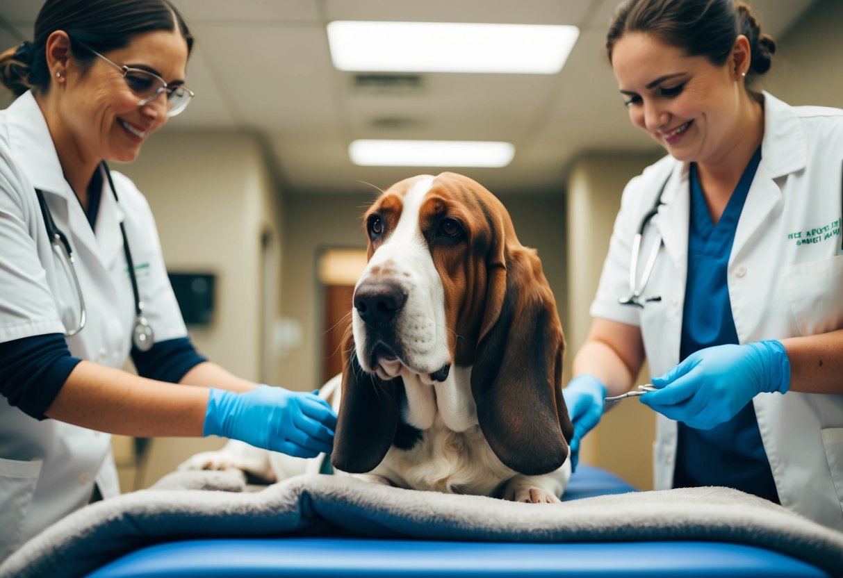 An aging basset hound receiving veterinary care in a cozy clinic room, surrounded by caring staff and comforting blankets