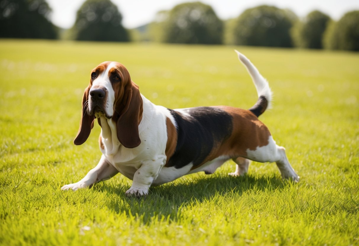 A basset hound sploots in a sunlit grassy field, stretching out its long body with back legs splayed and ears flopping to the sides