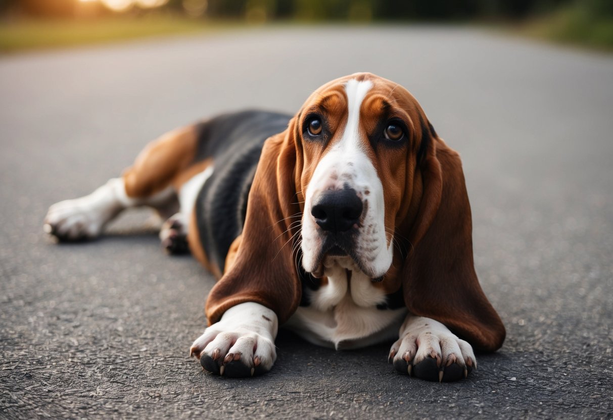 A basset hound lies on its belly, back legs splayed out behind it in a "sploot" position, while looking up with a curious expression