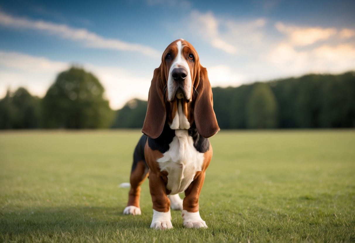A large, majestic basset hound stands tall and proud, with long droopy ears and soulful eyes, exuding a regal and dignified presence
