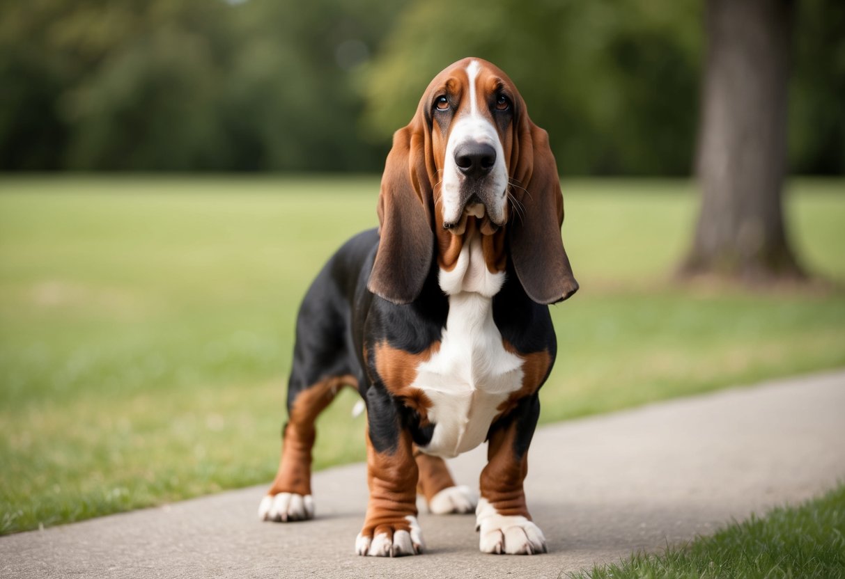A large basset hound standing tall and proud, with its long ears and droopy eyes, showcasing the breed's standard features
