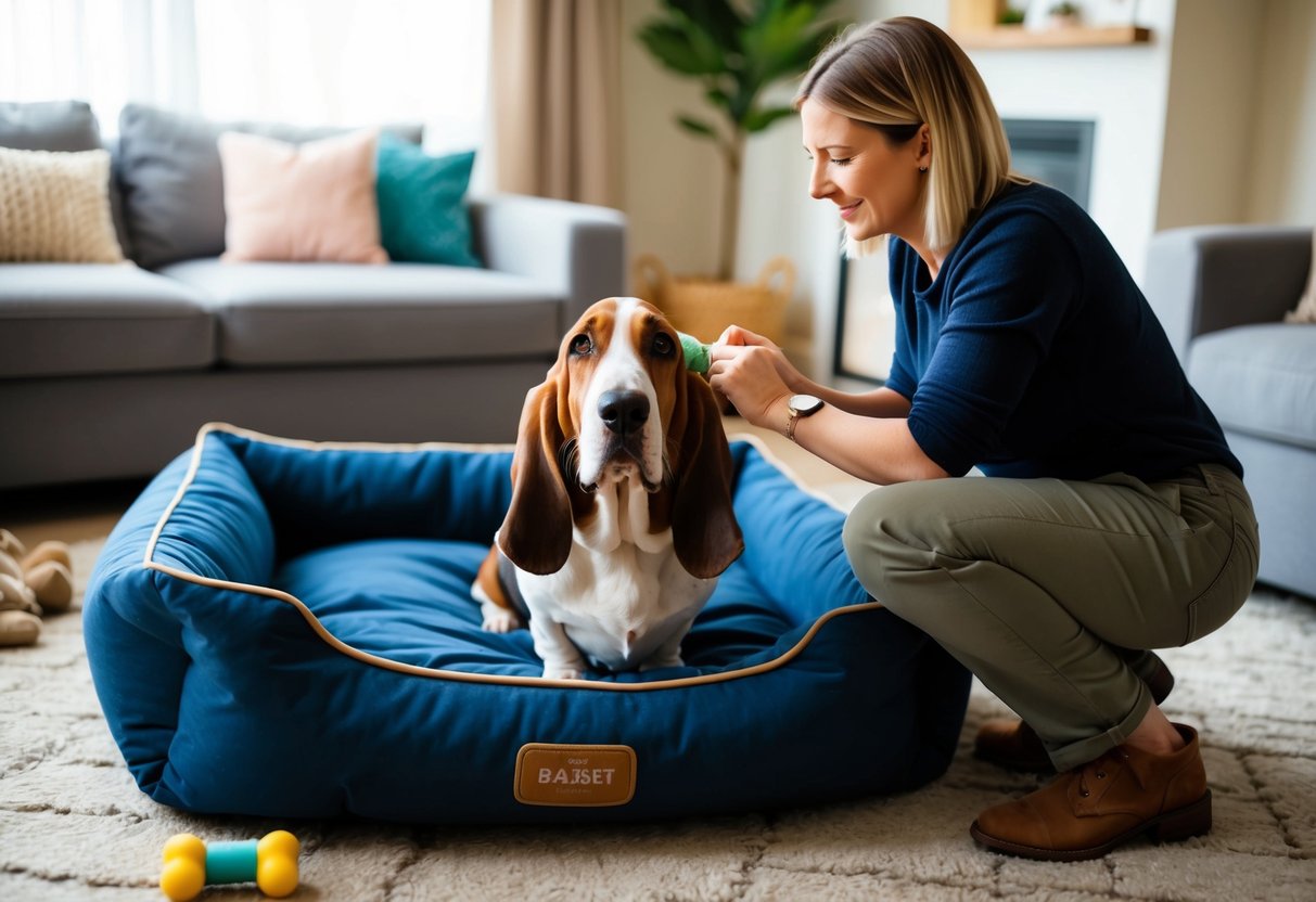 A basset hound being brushed and fed by a person in a cozy living room with a large dog bed and toys scattered around