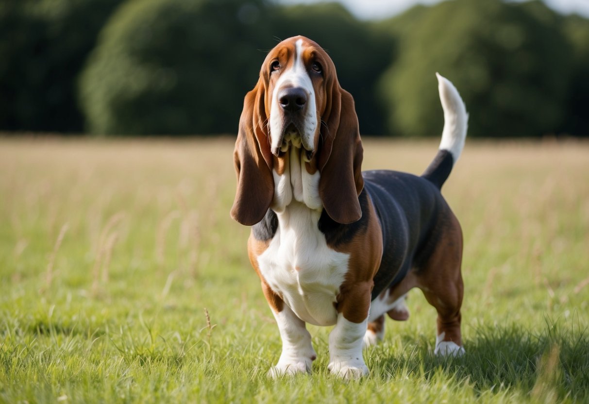 A large basset hound standing proudly in a field, ears drooping and tail wagging, with a gentle and friendly expression