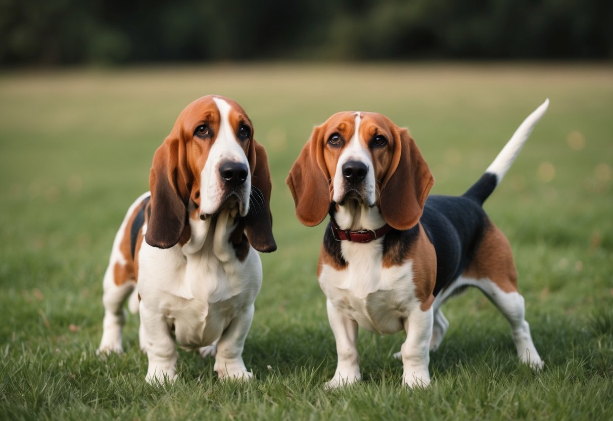 A basset hound stands next to a beagle, both with long ears and short legs, in a grassy field