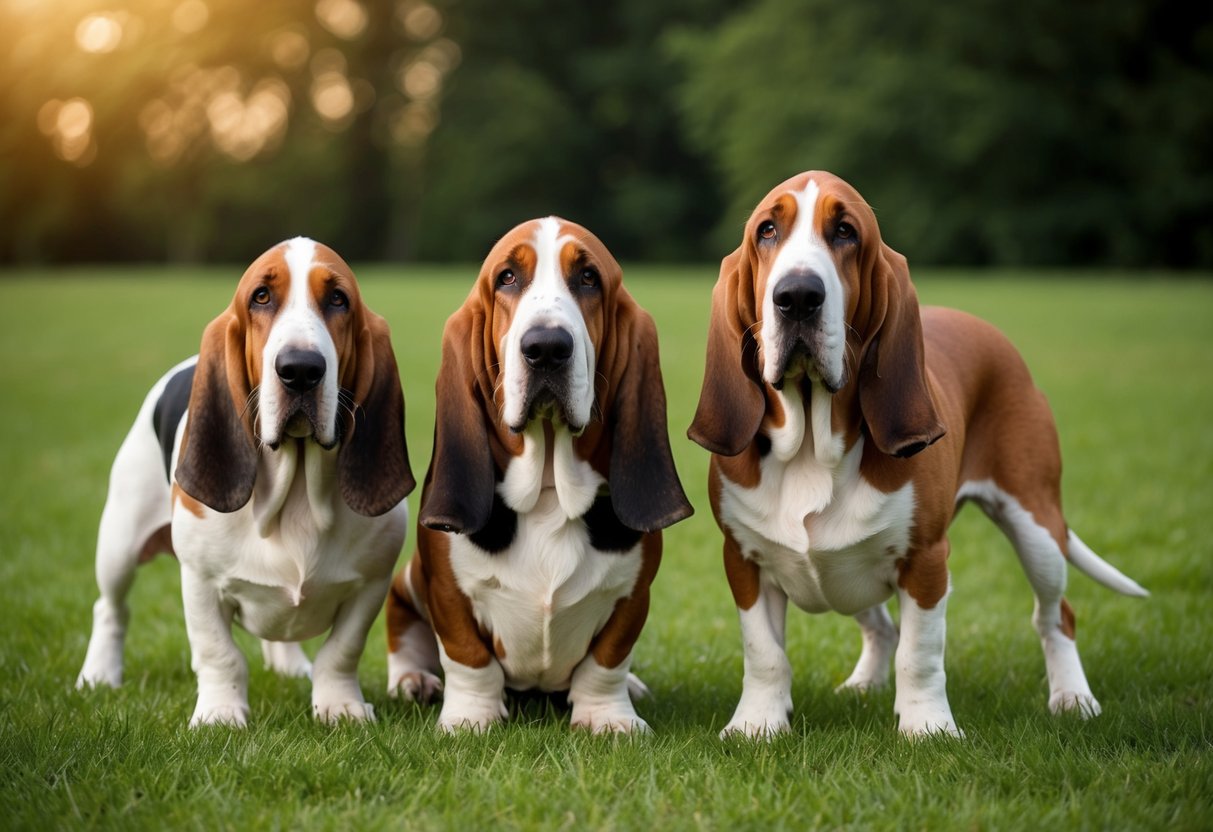 A basset hound stands next to a bloodhound and a basset fauve de Bretagne, highlighting their shared ancestry