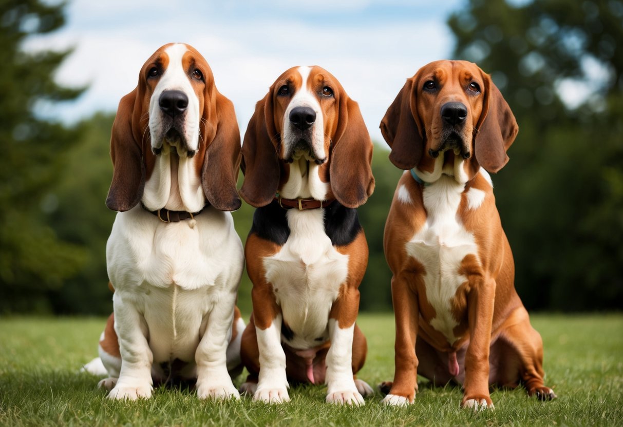 A basset hound standing next to a beagle and a bloodhound, showcasing their physical characteristics
