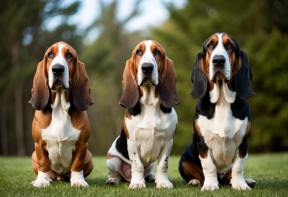 A basset hound and two other dog breeds standing side by side, showcasing their unique characteristics and size differences