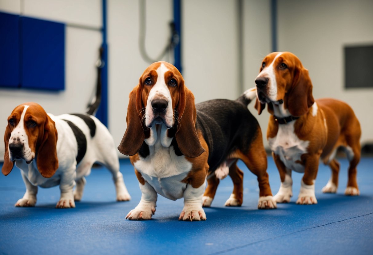 A basset hound and two other breeds in a training class, showing their temperament and obedience