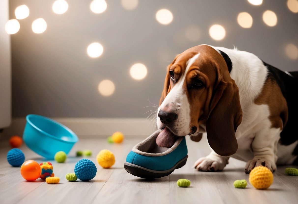 A Basset Hound playfully tugs at a chewed-up slipper, surrounded by scattered toys and a tipped-over water bowl