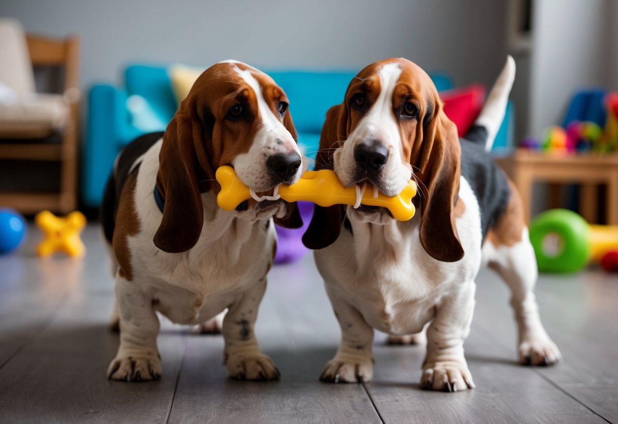 Two basset hounds playfully tugging on a chew toy, with overturned furniture and scattered toys in the background