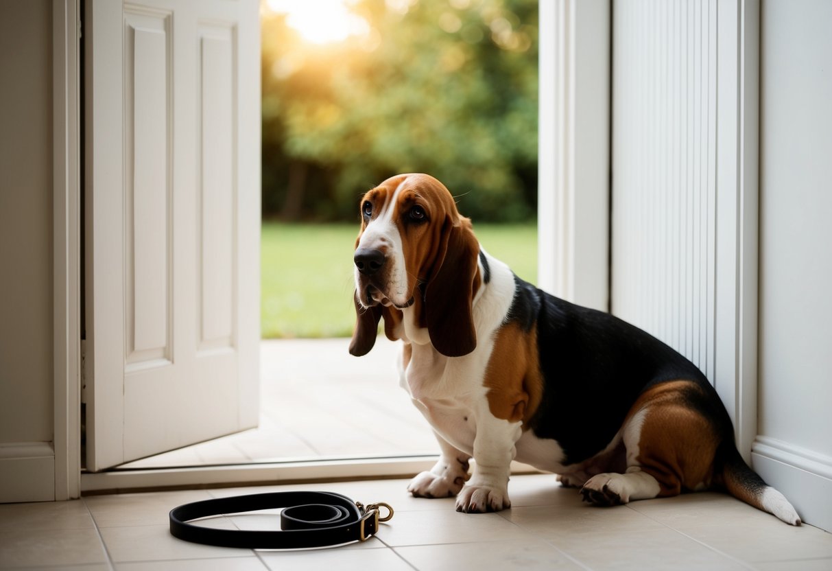 A basset hound sits obediently by the open door, waiting to be taken outside for a bathroom break. A leash and collar lie nearby