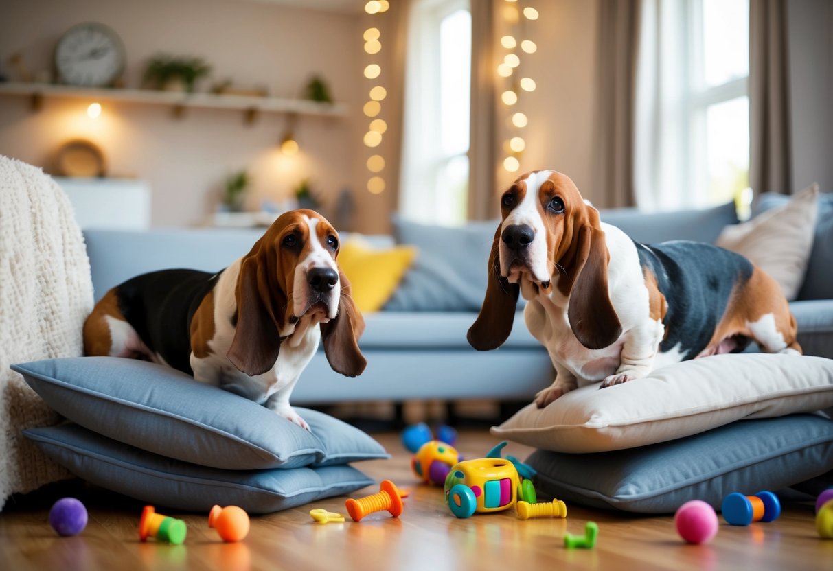 Two basset hounds causing mischief in a cozy home, with overturned cushions and scattered toys