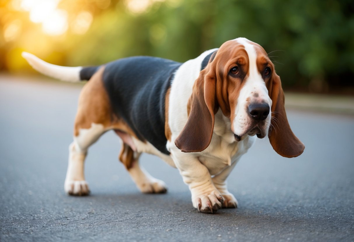 A basset hound struggles to walk with its short legs, showing signs of potential leg problems