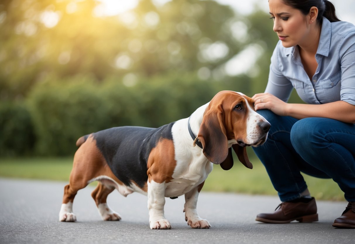 A basset hound struggles to walk due to its short, stubby legs, while a concerned owner looks on