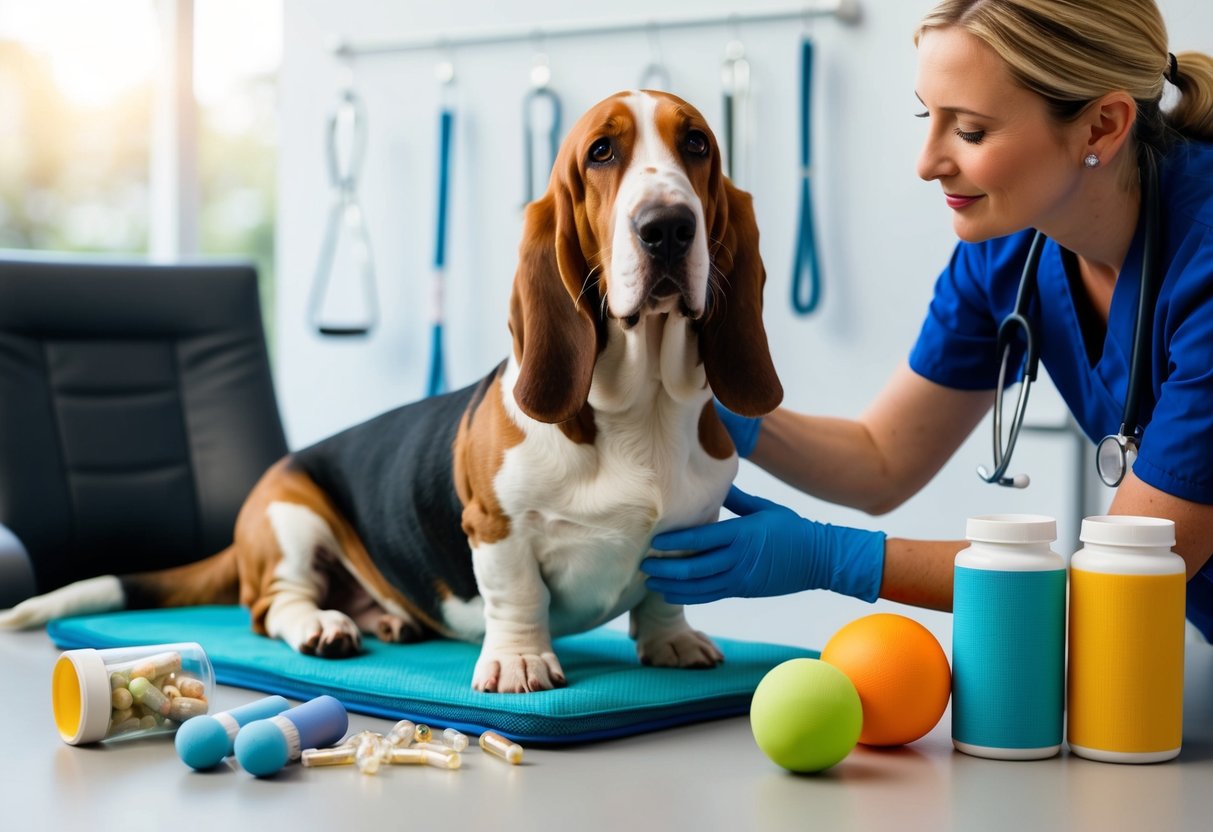 A basset hound receiving a gentle leg massage from a veterinarian, surrounded by various preventative care items such as joint supplements and exercise equipment