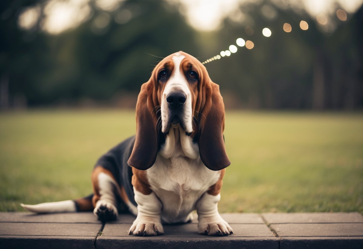 A basset hound sits with droopy ears and a mournful expression, emitting a low, melodious howl. Its eyes are soulful and its body language exudes a sense of longing