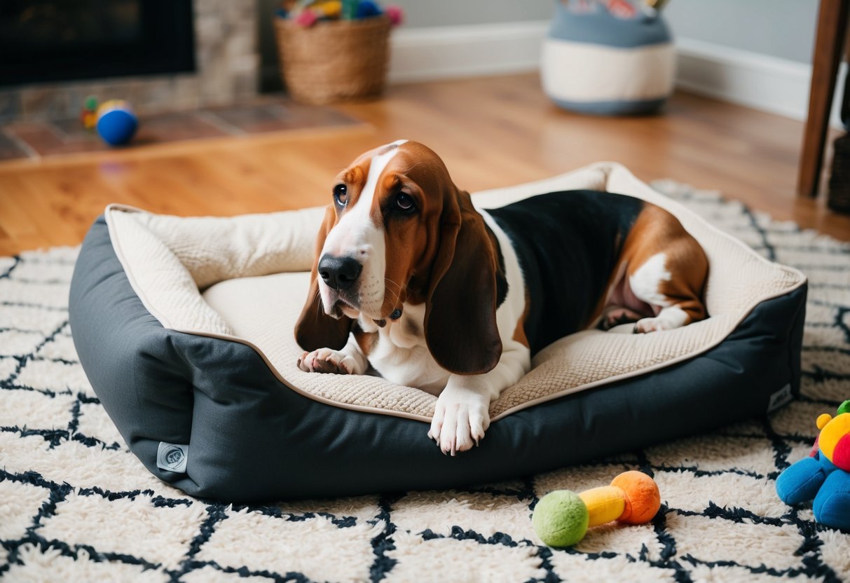 A basset hound lounges on a cozy living room rug, surrounded by toys and a comfortable dog bed. The dog looks content and relaxed, with a peaceful expression on its face