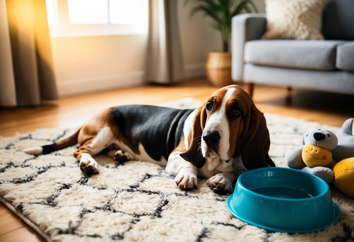 A basset hound lounges on a cozy living room rug, surrounded by plush toys and a water bowl. The sunlight streams in through the window, casting a warm glow on the contented dog
