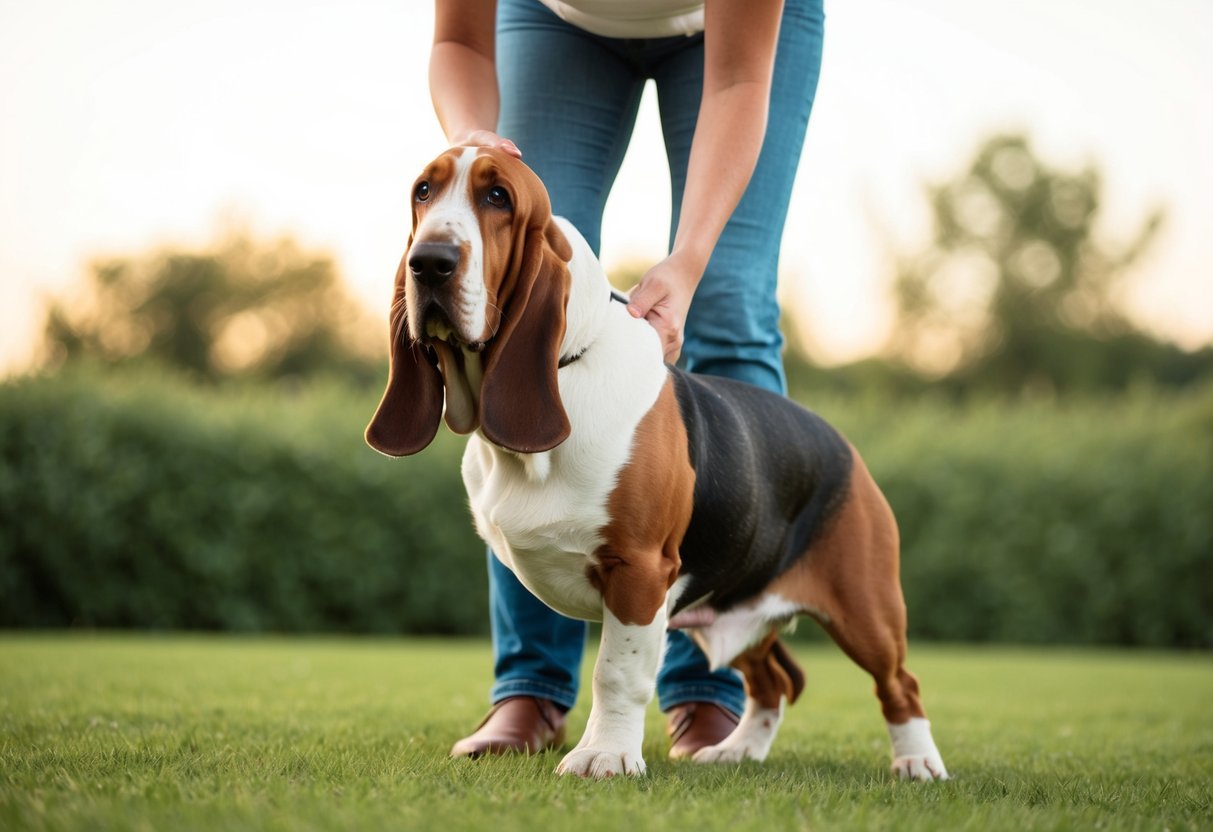 A basset hound being gently lifted under its chest and hindquarters