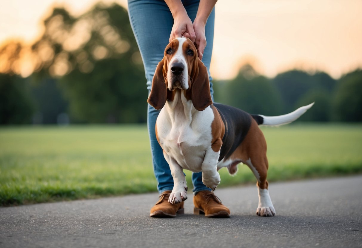 A basset hound is gently lifted from the ground, with one arm supporting the chest and the other supporting the hindquarters