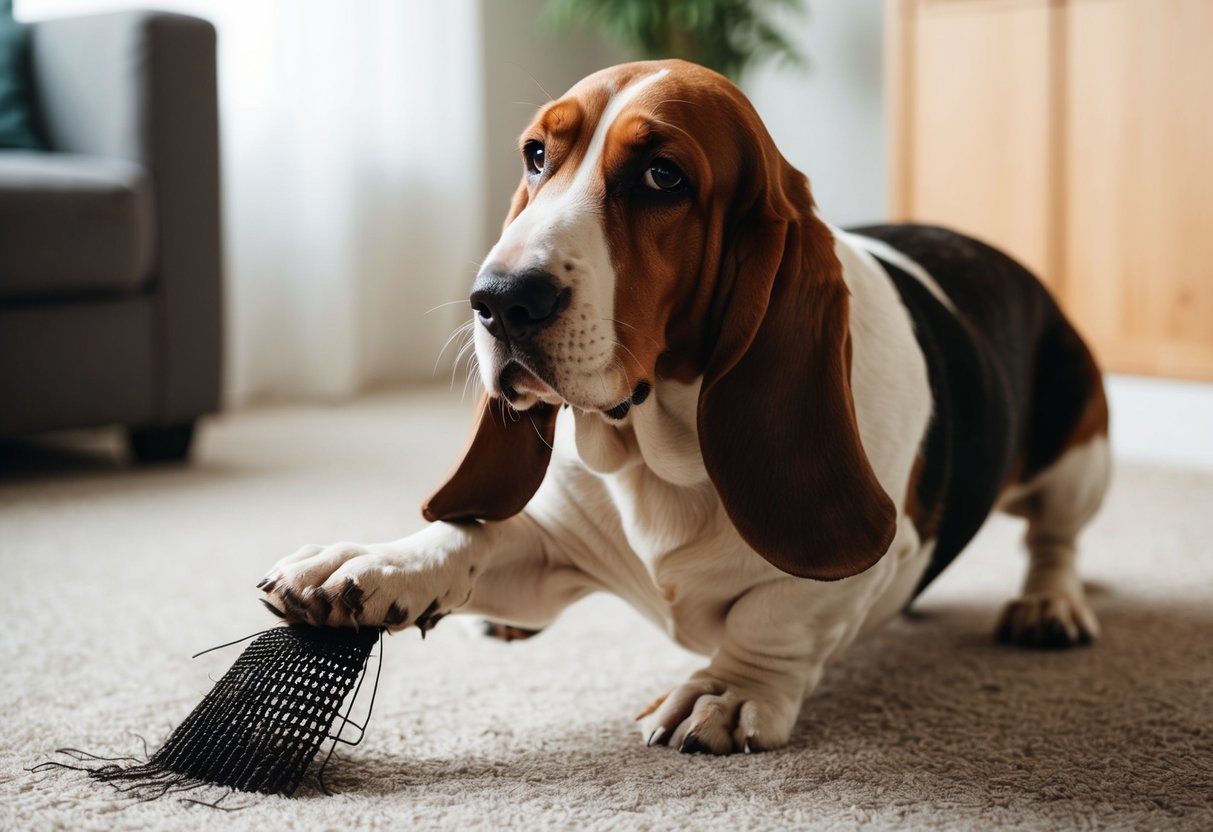 A basset hound scratching the carpet with its front paws, head tilted and ears dangling
