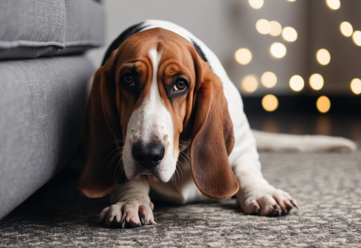 A basset hound scratches at the carpet, its ears drooping as it sniffs and paws at the fabric with a curious expression