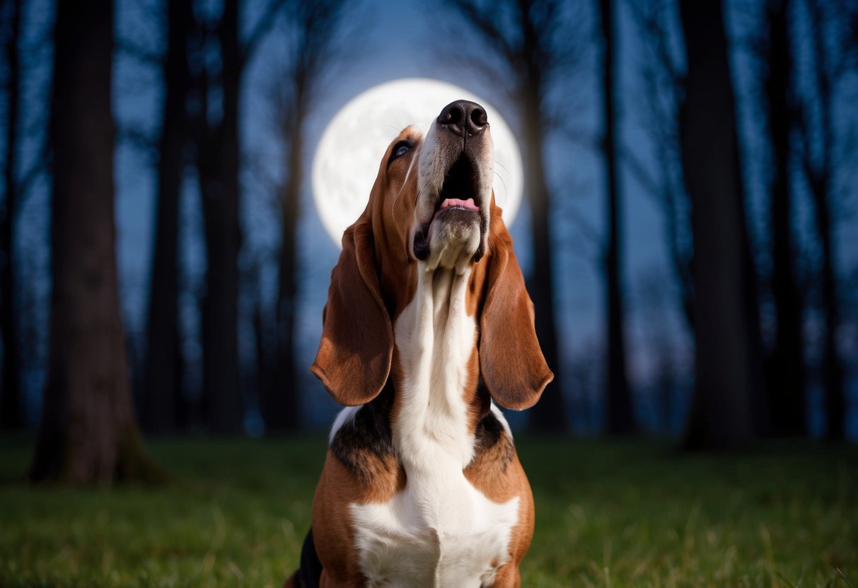 A basset hound howls in a moonlit forest, head tilted back and ears flopping as it lets out a long, mournful howl