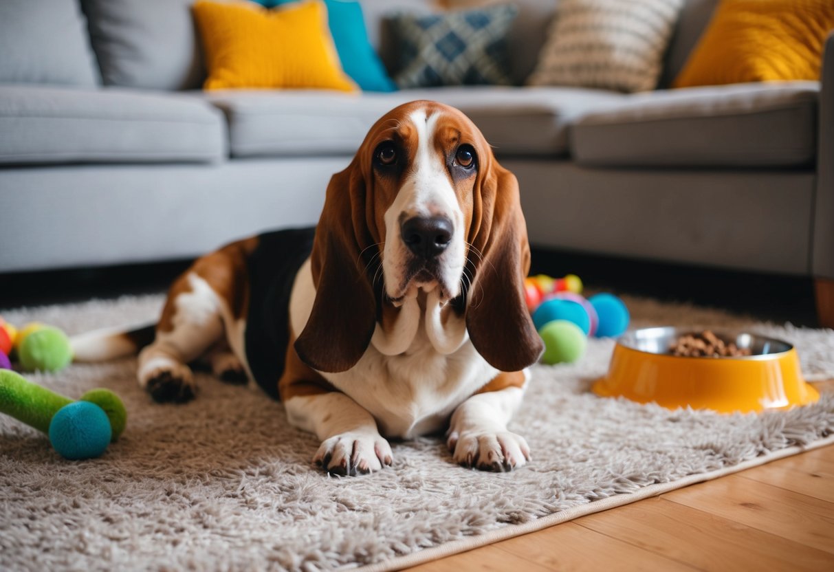 A basset hound with droopy eyes lounges on a plush rug in a cozy living room, surrounded by toys and a food bowl