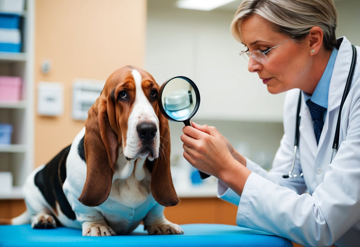 A basset hound with droopy eyes sits next to a veterinarian, who is examining its eyes with a magnifying glass