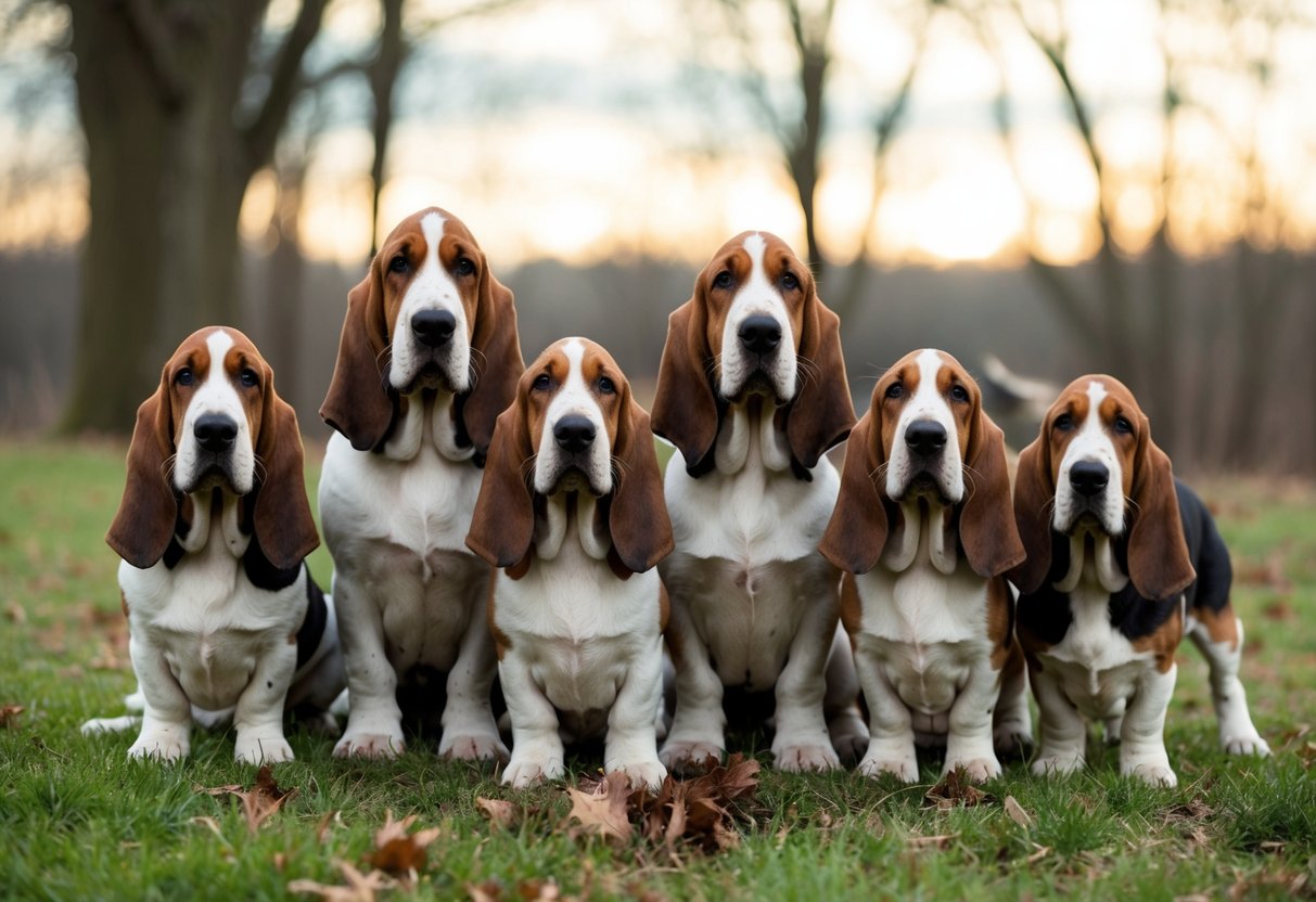 A family of basset hounds with droopy eyes gather around a hunting scene, noses to the ground and tails wagging