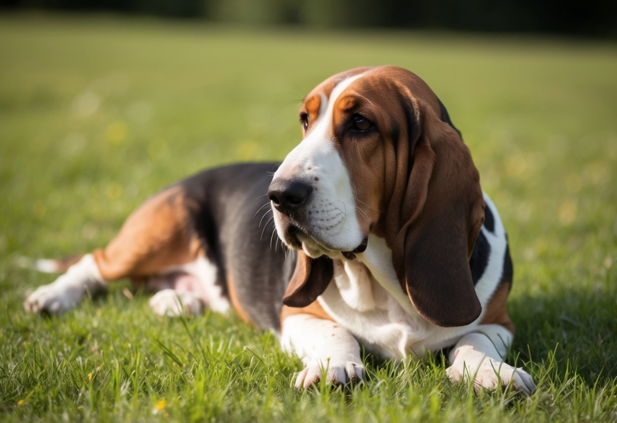 A basset hound lounges in a grassy field, its ears and jowls drooping as it sniffs the air. The dog's body language exudes contentment and relaxation, suggesting it is well-suited for outdoor living