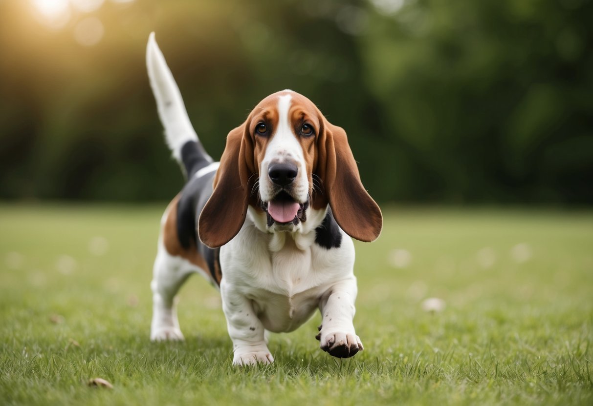 A basset hound happily playing in a grassy outdoor setting, with its long ears and droopy eyes capturing its distinctive characteristics