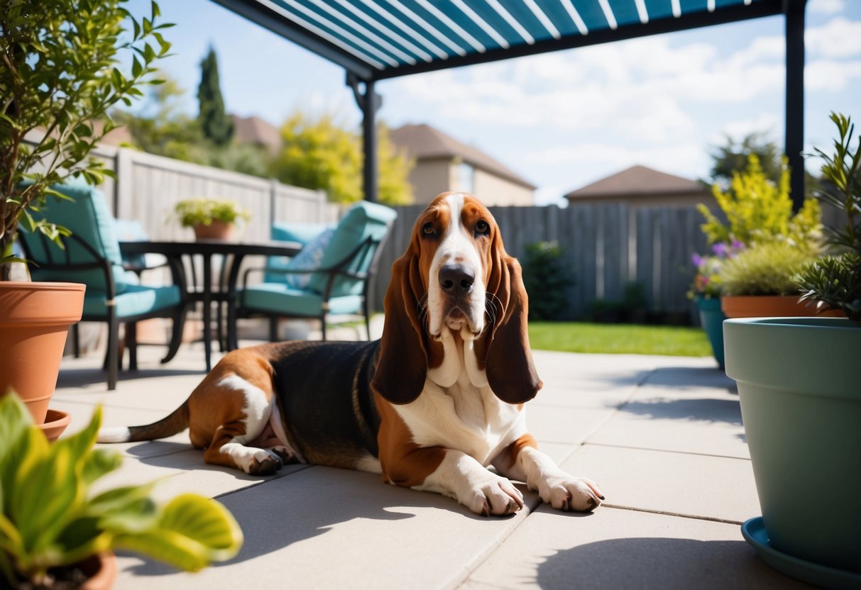 A basset hound lounges on a shaded patio surrounded by potted plants and outdoor furniture, with a sunny backyard in the background