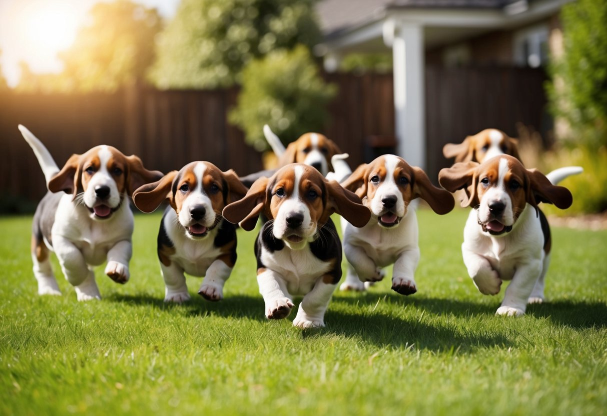 A group of basset hound puppies playfully chase each other around a spacious backyard, their floppy ears bouncing as they excitedly bark and frolic