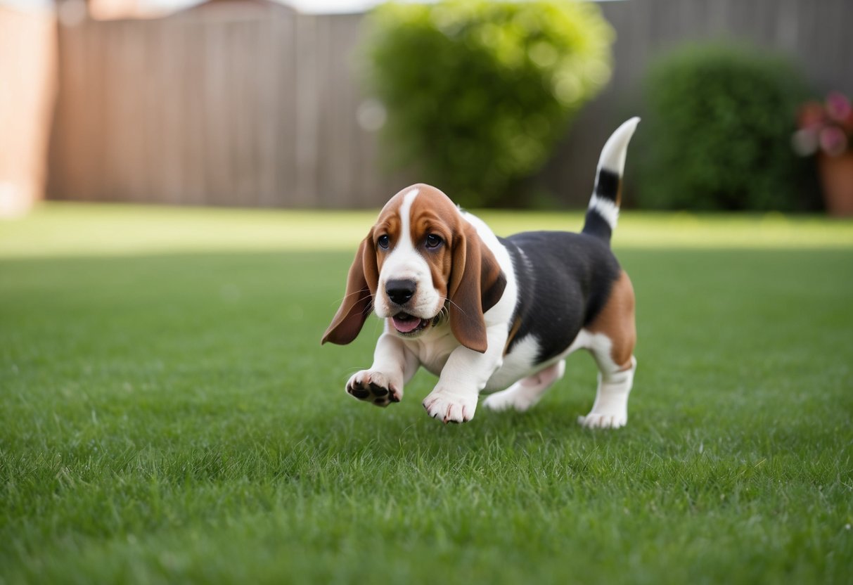 A basset hound puppy playfully chasing its tail in a grassy backyard