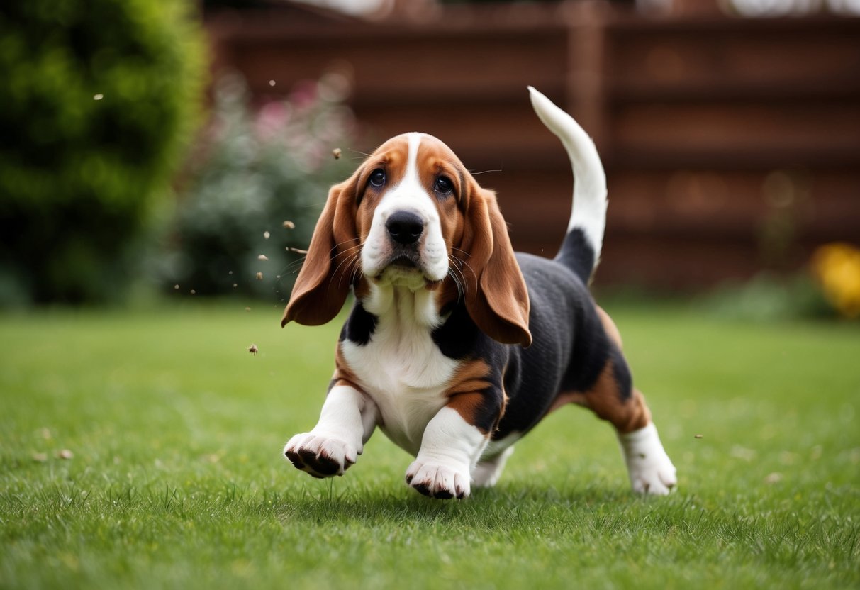 A basset hound puppy races around a yard, ears flapping and tail wagging, showing signs of hyperactivity