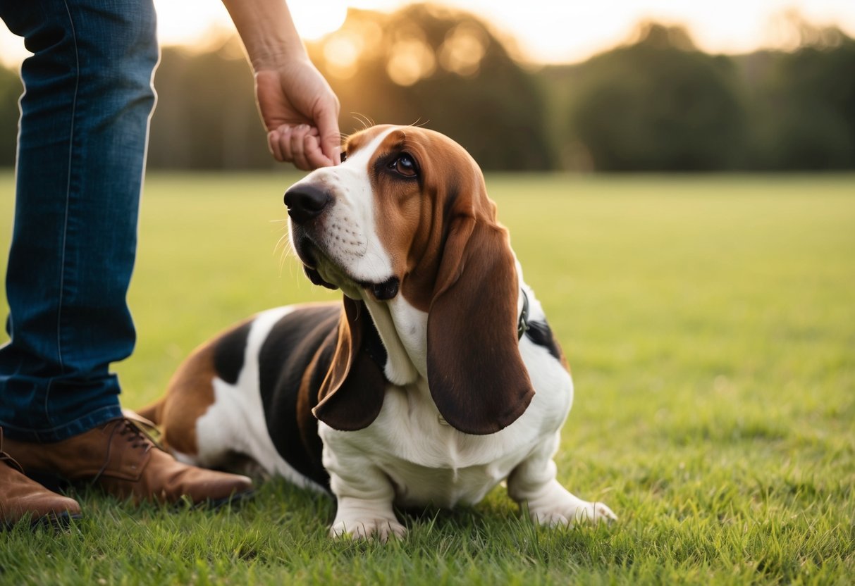 A basset hound nuzzles against its owner's leg, wagging its tail and looking up with adoring eyes