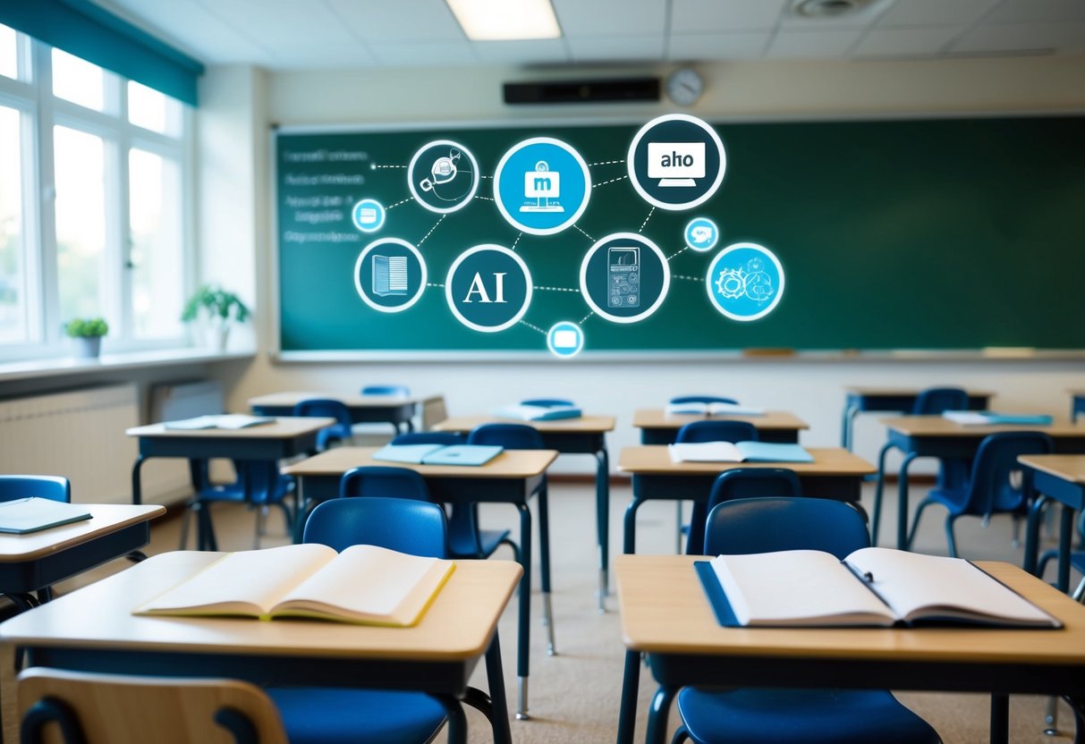 A classroom setting with various educational tools and technology, including AI applications for teaching and learning