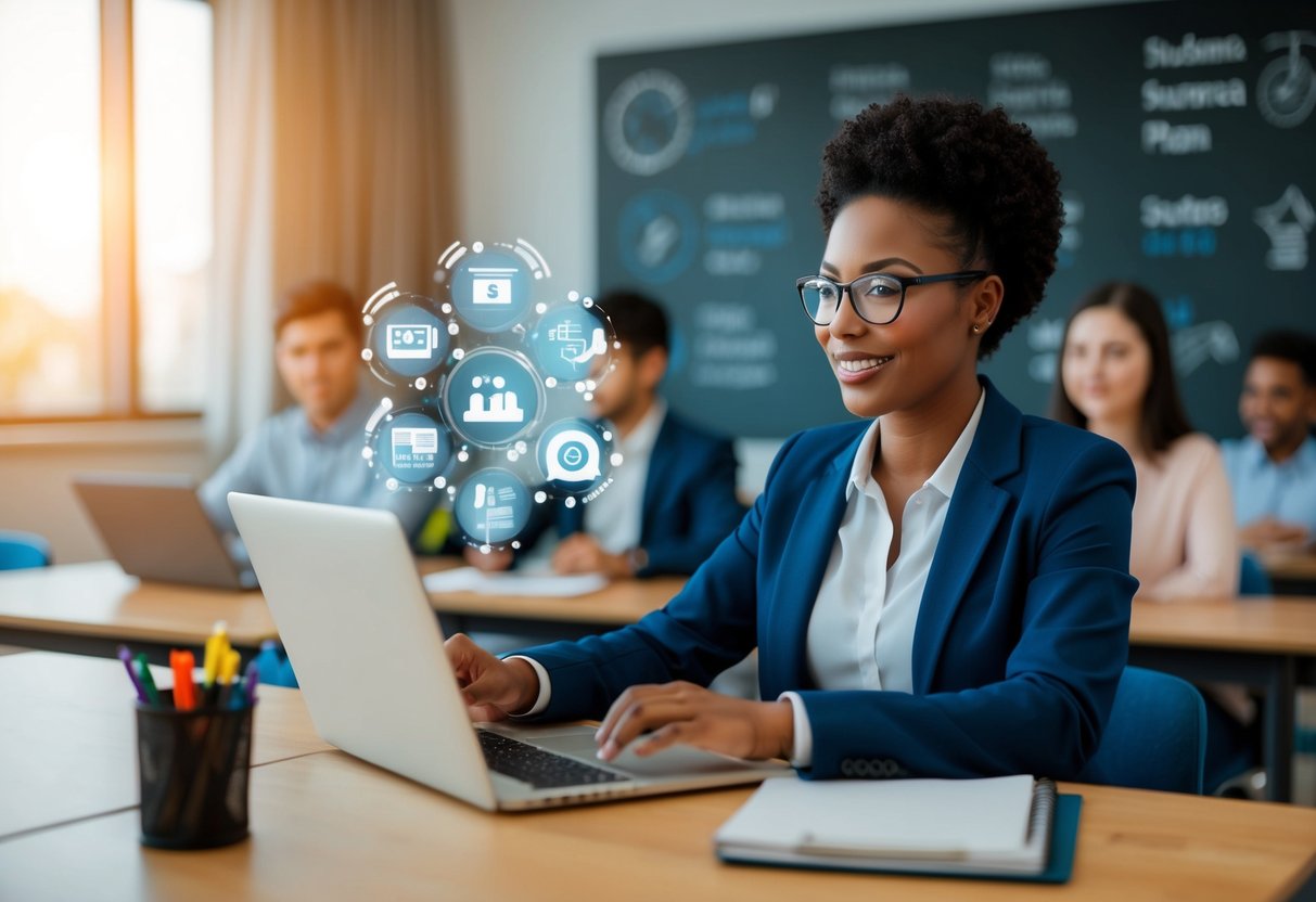 An educator using AI tools to analyze student performance and customize lesson plans
