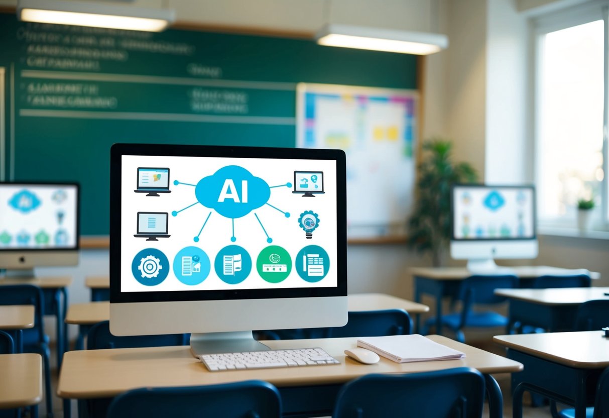 A classroom setting with a computer screen displaying various educational AI tools for content creation and course management