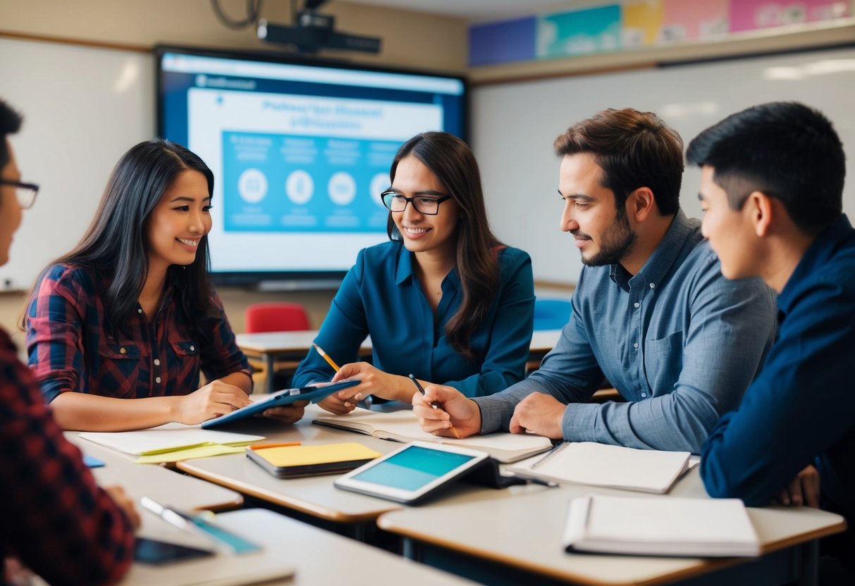 A classroom setting with AI tools assisting an educator in providing assessment and feedback to students