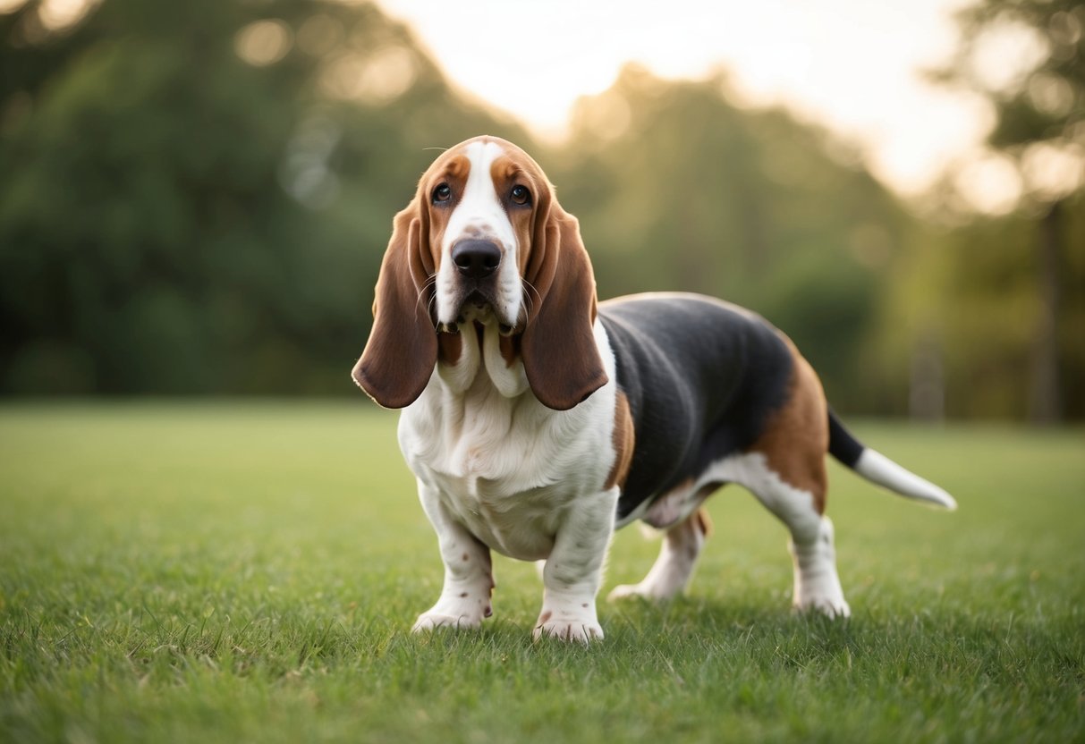 A basset hound stands guard, ears alert and nose to the ground, ready to protect its owner