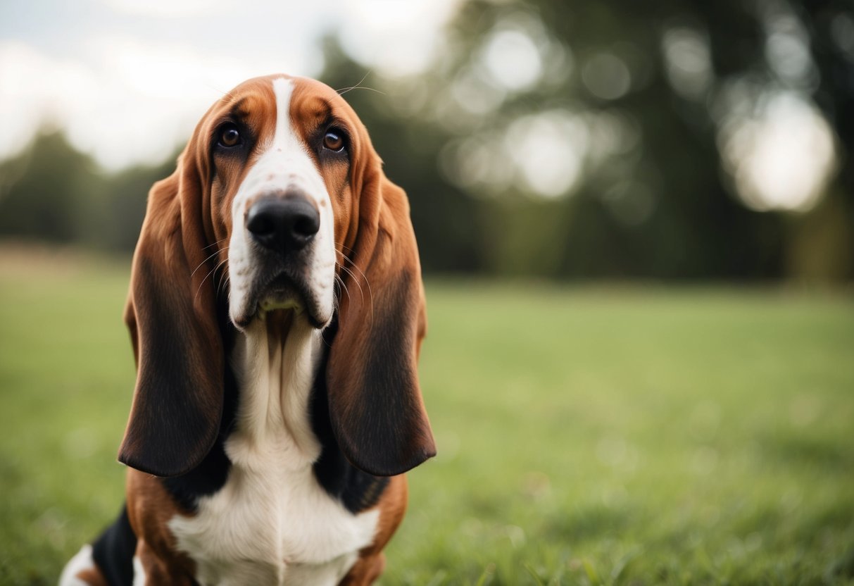 A basset hound stands alert, ears drooping, eyes focused, and tail wagging, ready to protect its owner with a loyal and determined expression
