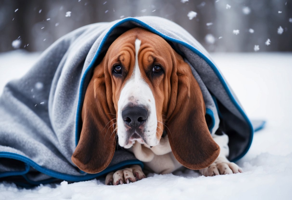 A basset hound shivers in the cold, its ears drooping as it huddles under a blanket