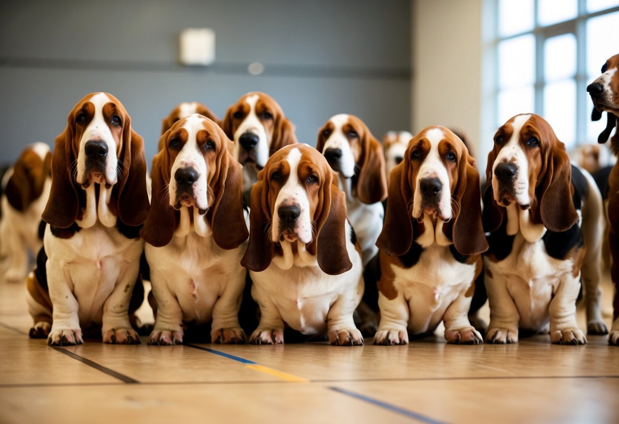 A group of basset hounds gather in a training class, some shivering nervously while others socialize and play