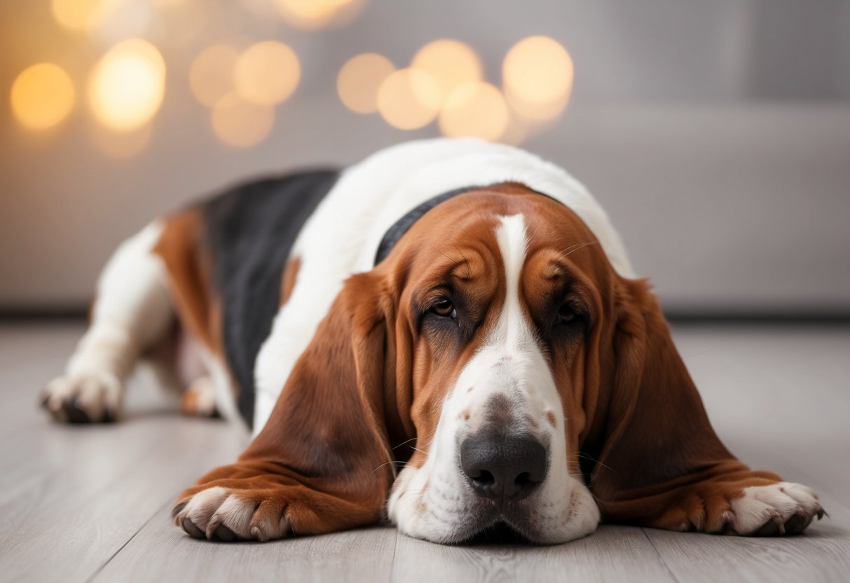 A basset hound lying down with a pained expression, ears drooping, and eyes squinting in discomfort