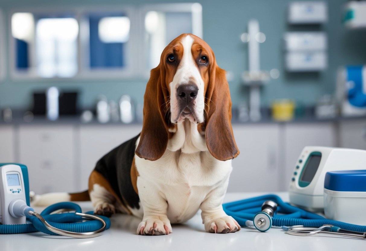 A basset hound with a sad expression, limping and holding one paw up, while surrounded by various veterinary medical equipment